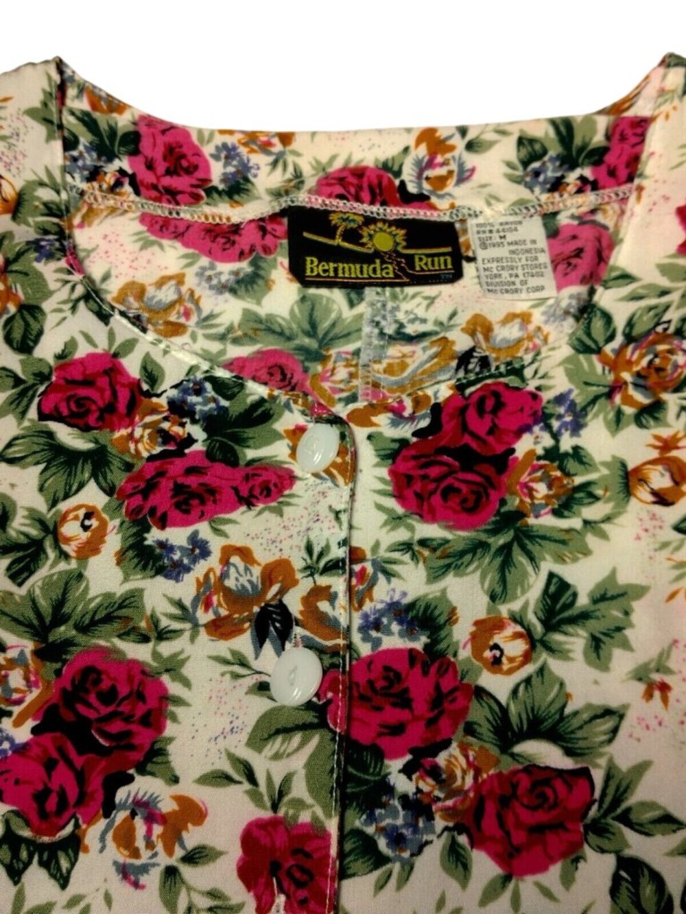 Vintage 1990s Bermuda Run Romper M White Pink Floral Rayon Shorts Tie Pleated - Picture 9 of 16
